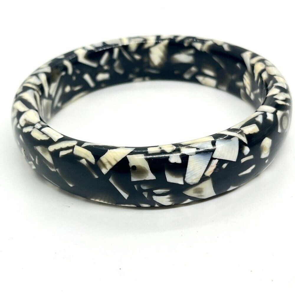 Vintage Confetti Lucite Bracelet Abstract Black White Inlay Chunky Bangle